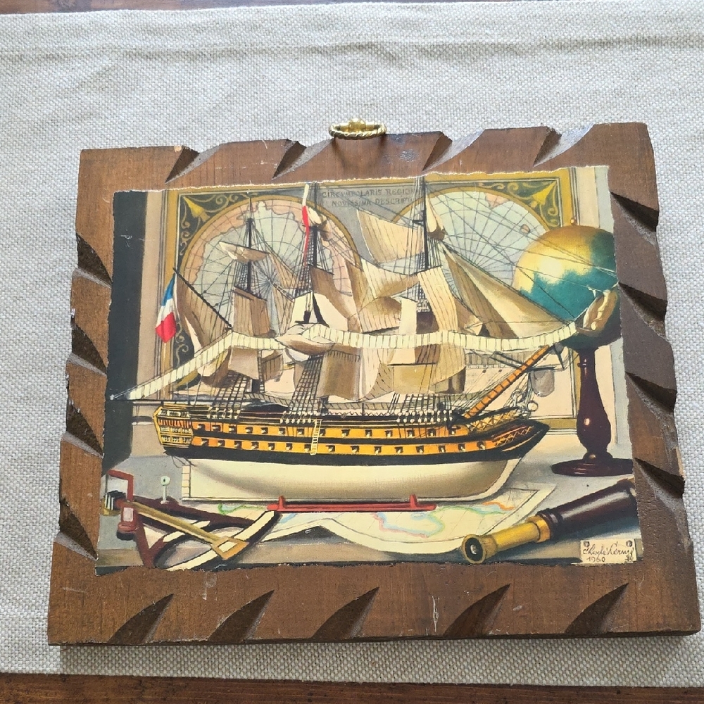 Vintage Painting Print On Wood Circumpolar Region, Ship Boat, 1960 Charles Cerny